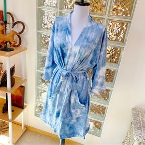 Hello Mello Sky Blue Tie Dye Belted Lounge Knit Kimono Wrap Robe S/M